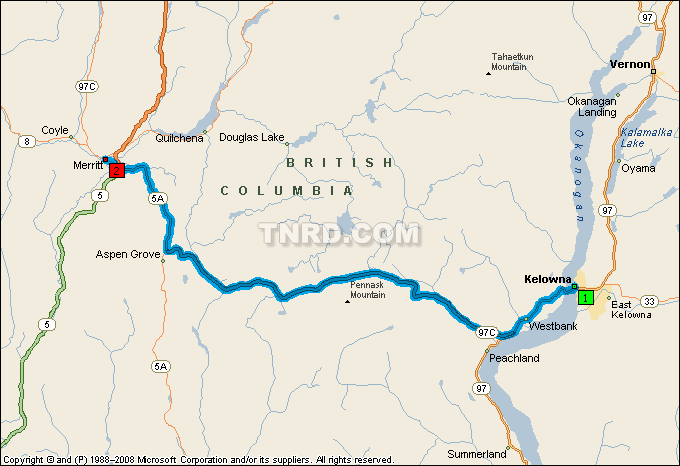 Kelowna to Merritt Map